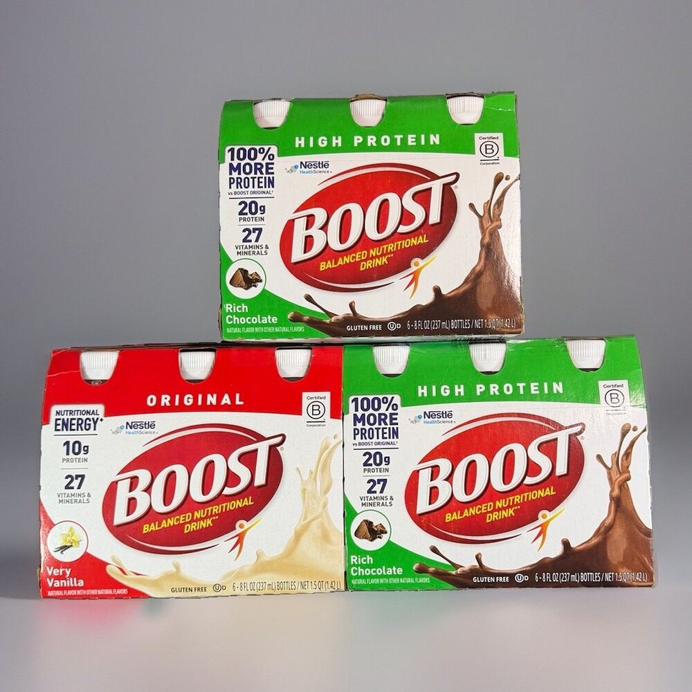 Lot of 3 Nestle Boost Nutritional Drinks-(2) High Protein Chocolate &(1)-Vanilla